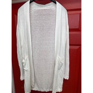 White Linen Blend Open Front Cardigan with Pockets Lightweight Layer